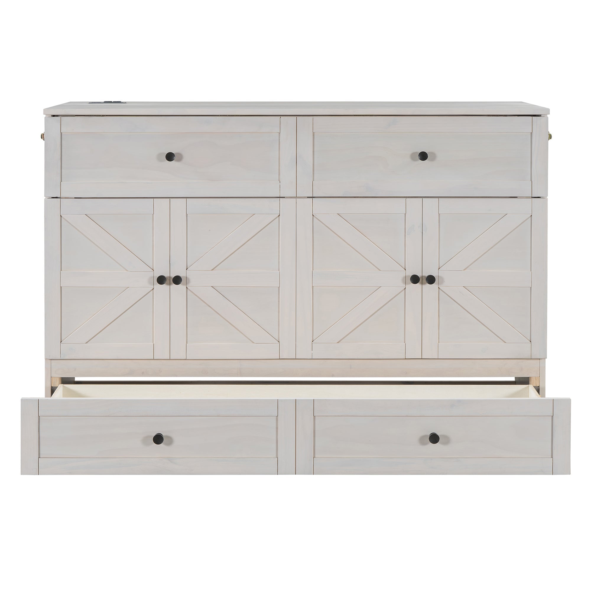 Queen Size Murphy Bed with Large Drawers & USB Ports,Brushed White