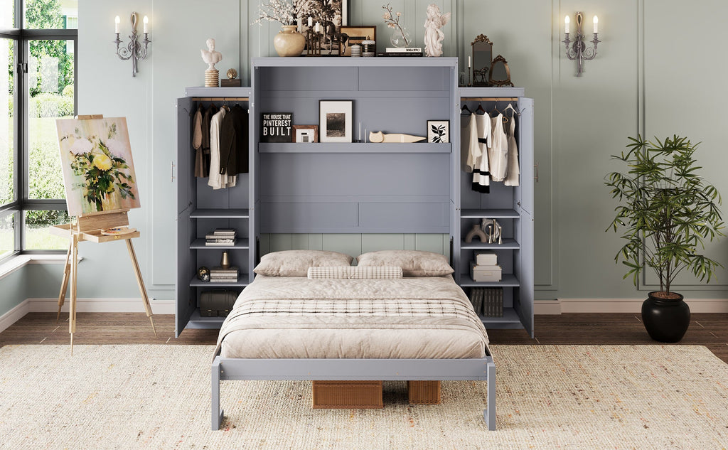 Queen Size Murphy Bed, Wooden Queen Wall Bed with 2 Wardrobe and Storage Shelf, Multifunctional Foldable Platform Bedframe for Guest-Room, Bedroom, Gray