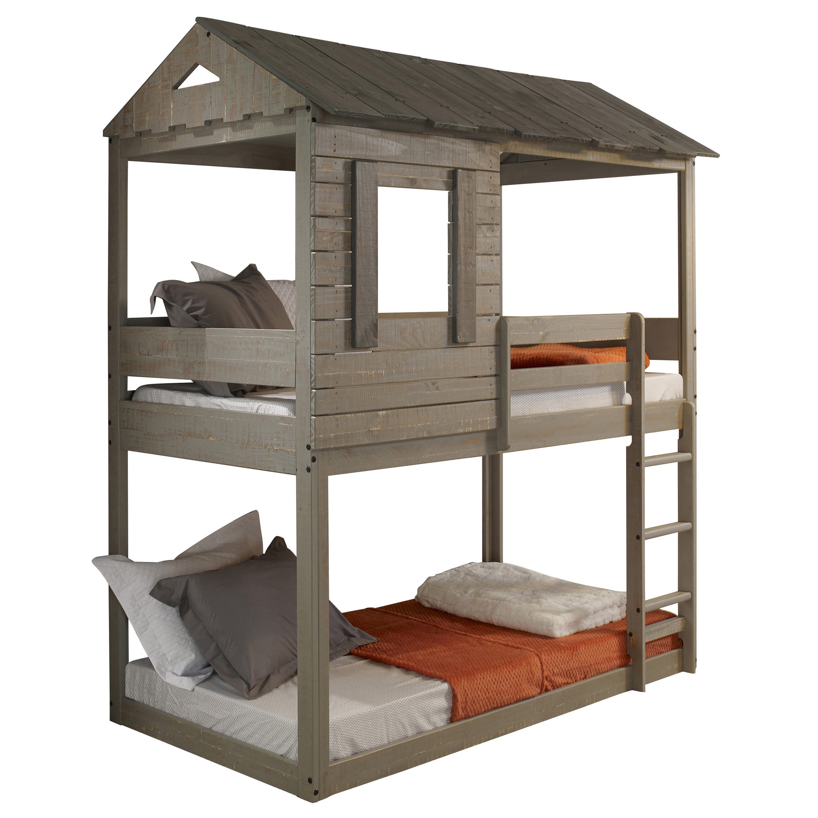 Rustic Grey Twin Over Twin Bunk Bed with Built-in Ladder
