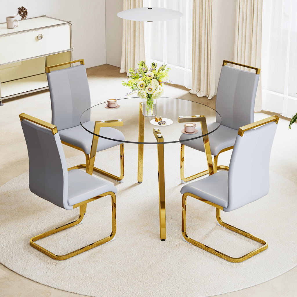Modern minimalist style circular transparent tempered glass table, tempered glass tabletop, golden metal legs, suitable for kitchen, dining room, and living room, 42 '* 42' * 29.5 '1123r