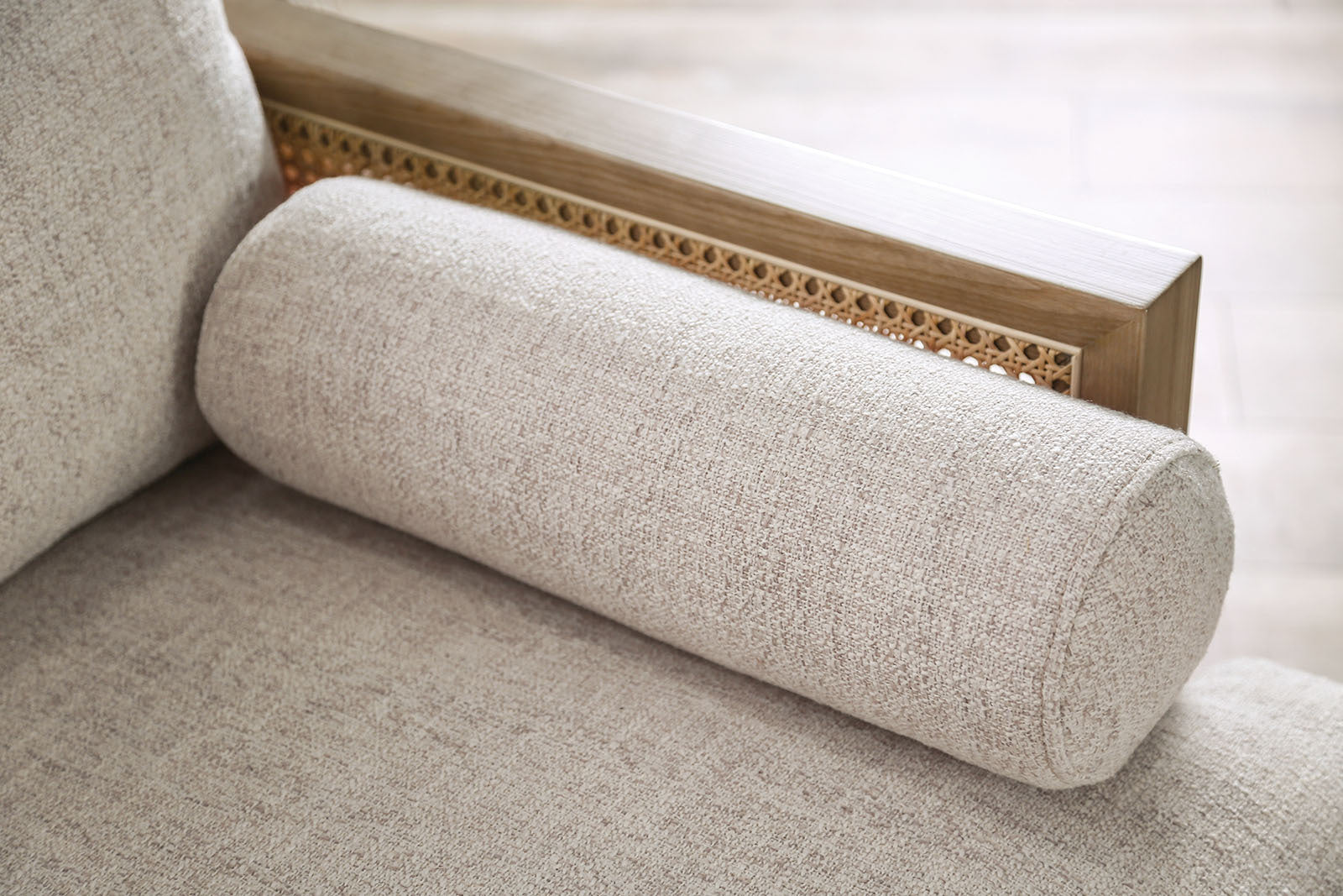 Mid-Century Modern 1pc Beautiful Chair Side Bolster Pillow Tapered Wooden Legs Reversible Pillow Back Beige And Light Oak Finish Primary Living Room