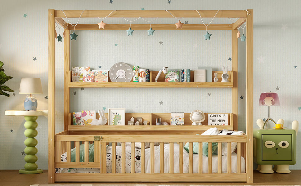 Twin Size Canopy Bed with Guardrails, Solid Wood Floor Bed with Shelves, Montessori Floor Bed Frame for Kids, Boys, Girls, No Spring Box Needed, Natural