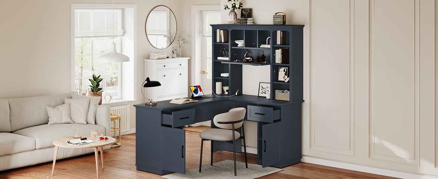 L-Shaped Computer Desk with 2 Cabinets and 2 Drawers, 11 Open Shelves, with Power Outlet, for Study, Living Room and Office, Antique Blue