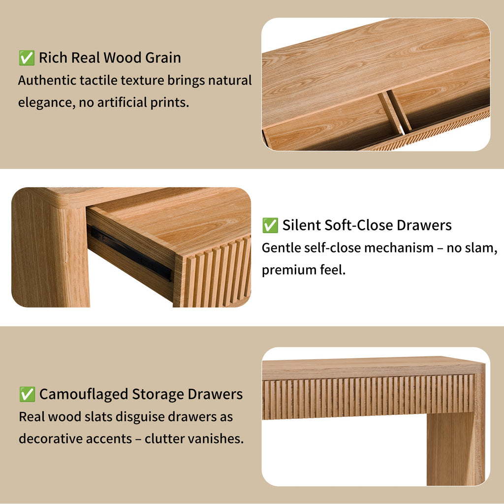 60' Modern 2-Drawer Fluted Console Table Natural Wood Veneer Sofa Table Behind Couch Table for Living Room, Hallway, Entryway, Home Office, Natural Wood