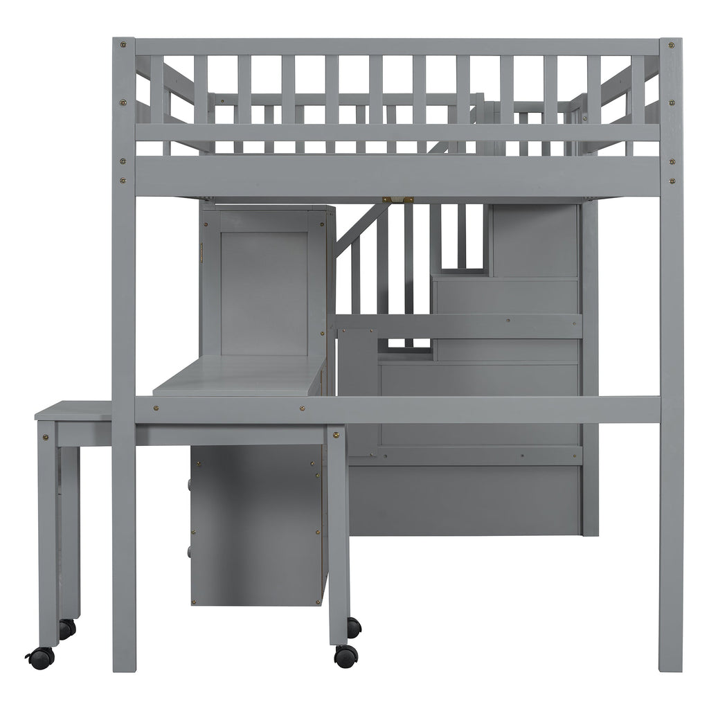 Full Size Loft Bed with Stairs, Bookshelf, Drawers, Desk & Wardrobe – Space-Saving Multifunctional Furniture for Kids & Teens-Gray