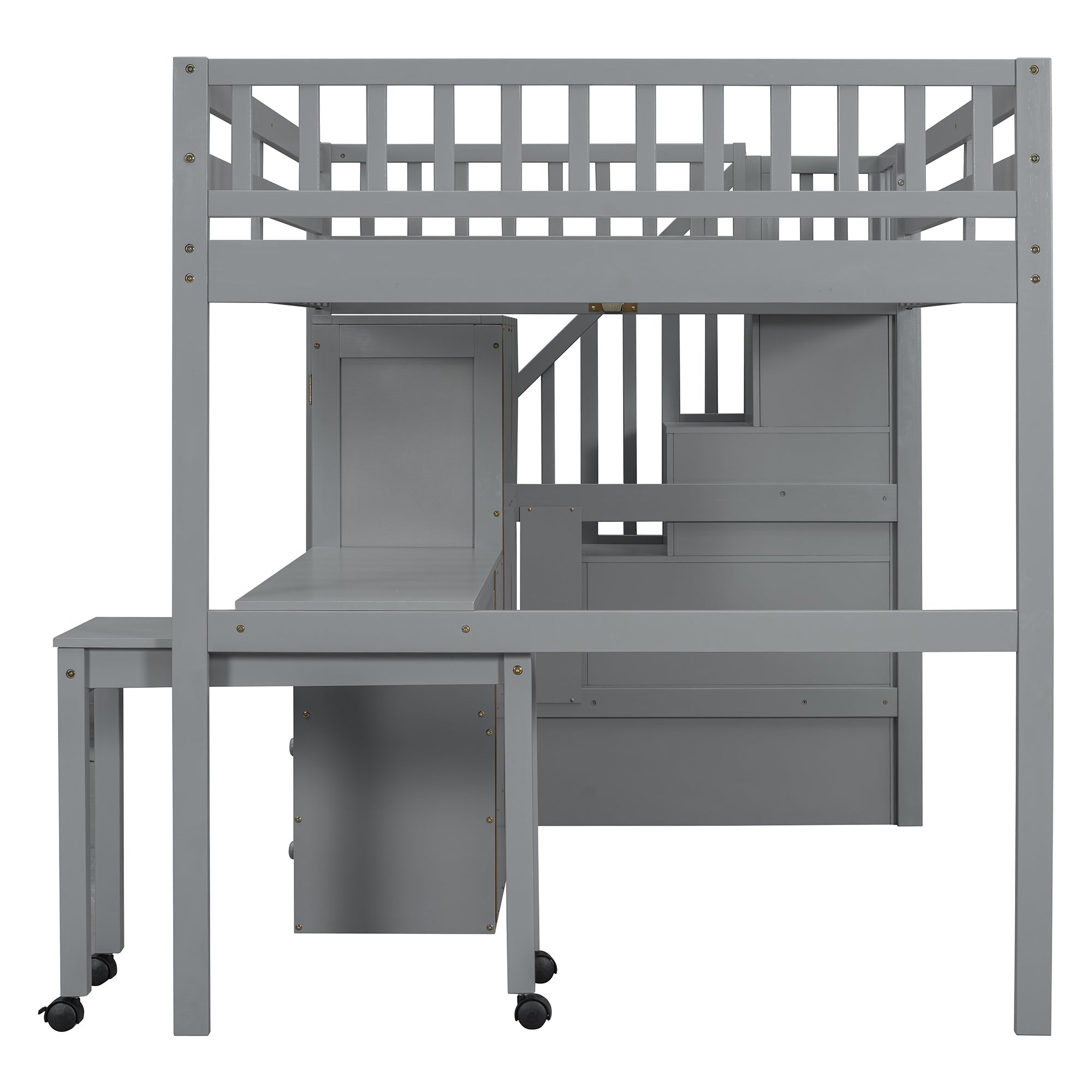 Full Size Loft Bed with Stairs, Bookshelf, Drawers, Desk & Wardrobe – Space-Saving Multifunctional Furniture for Kids & Teens-Gray
