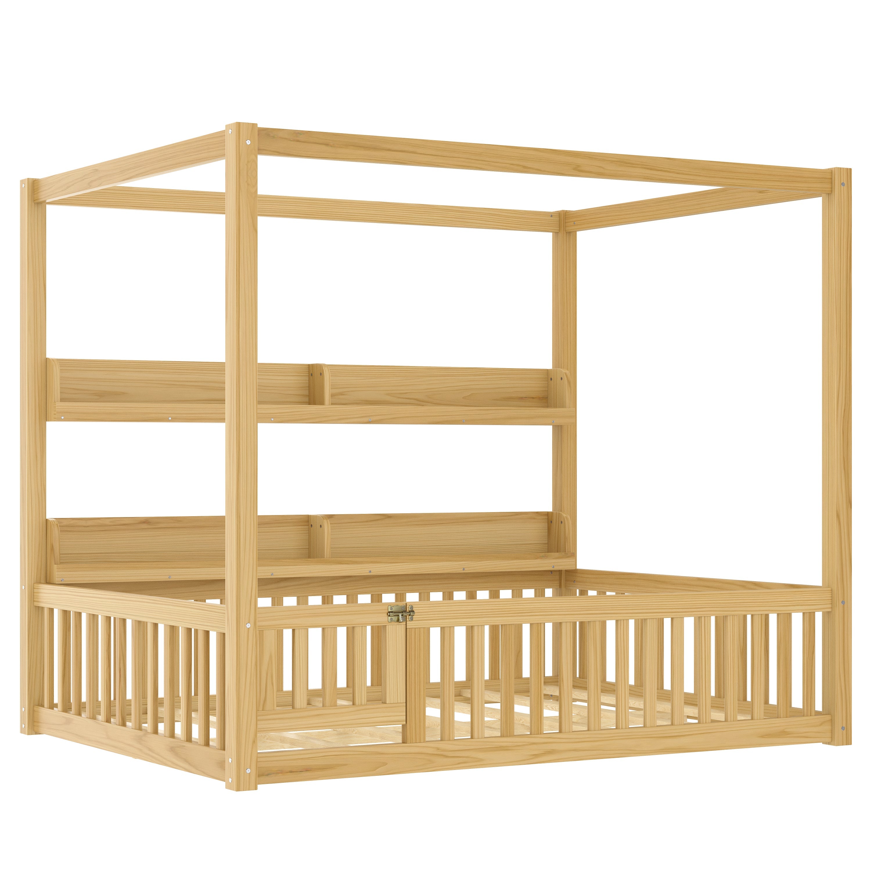Full Size Canopy Bed with Guardrails, Solid Wood Floor Bed with Shelves, Montessori Floor Bed Frame for Kids, Boys, Girls, No Spring Box Needed, Natural