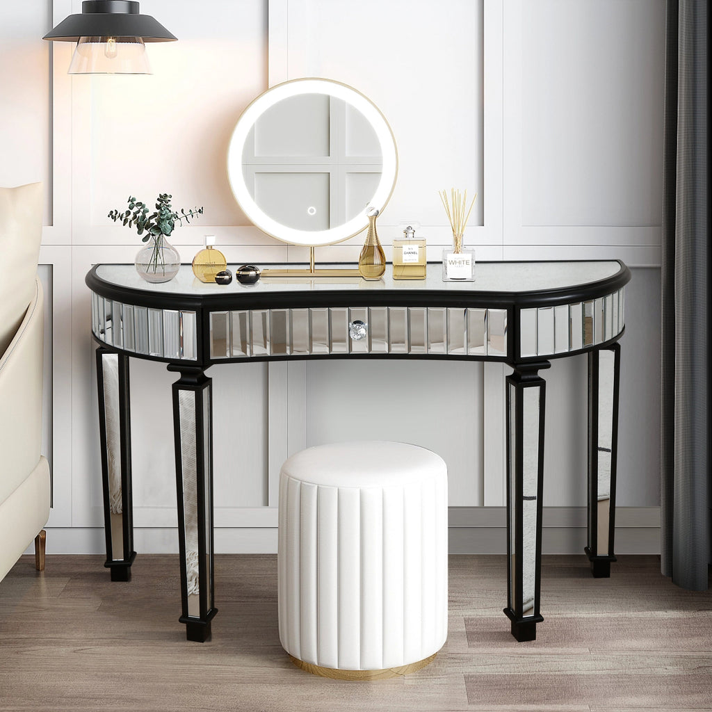 47' Half-Moon Mirrored Console Table with Fluted Glass & Crystal Knob Drawer - Silver Entryway Vanity Desk for Bedroom/Dressing Room(Black+Sliver)