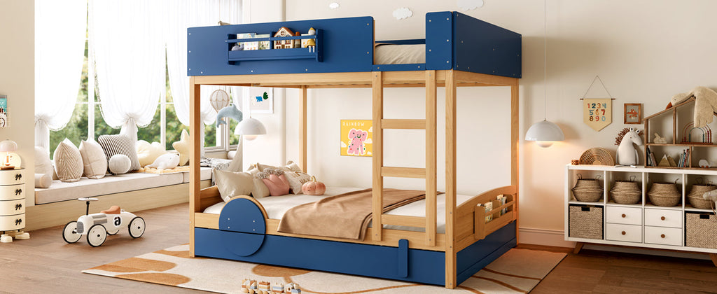 Queen Bunk Bed with Trundle , Wood Bunk Bed Frame with Built-in Bookshelf and High-quality Safety Guardrail,Automobile Form Design for Kids ,Blue＆Natural