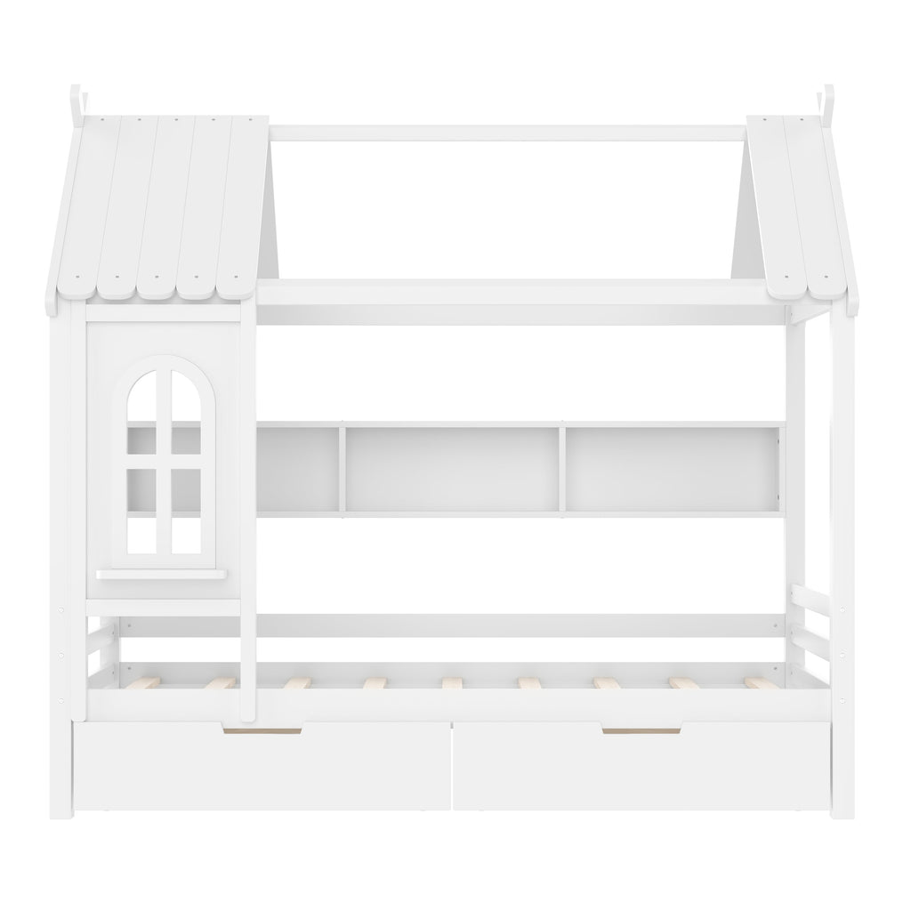 Twin house Beds with Storage Drawers and Window, Solid Wood House Platform Bed Frame with shelves, for Kids, Girls, Boys, No Spring Box Needed and Childlike Design, White