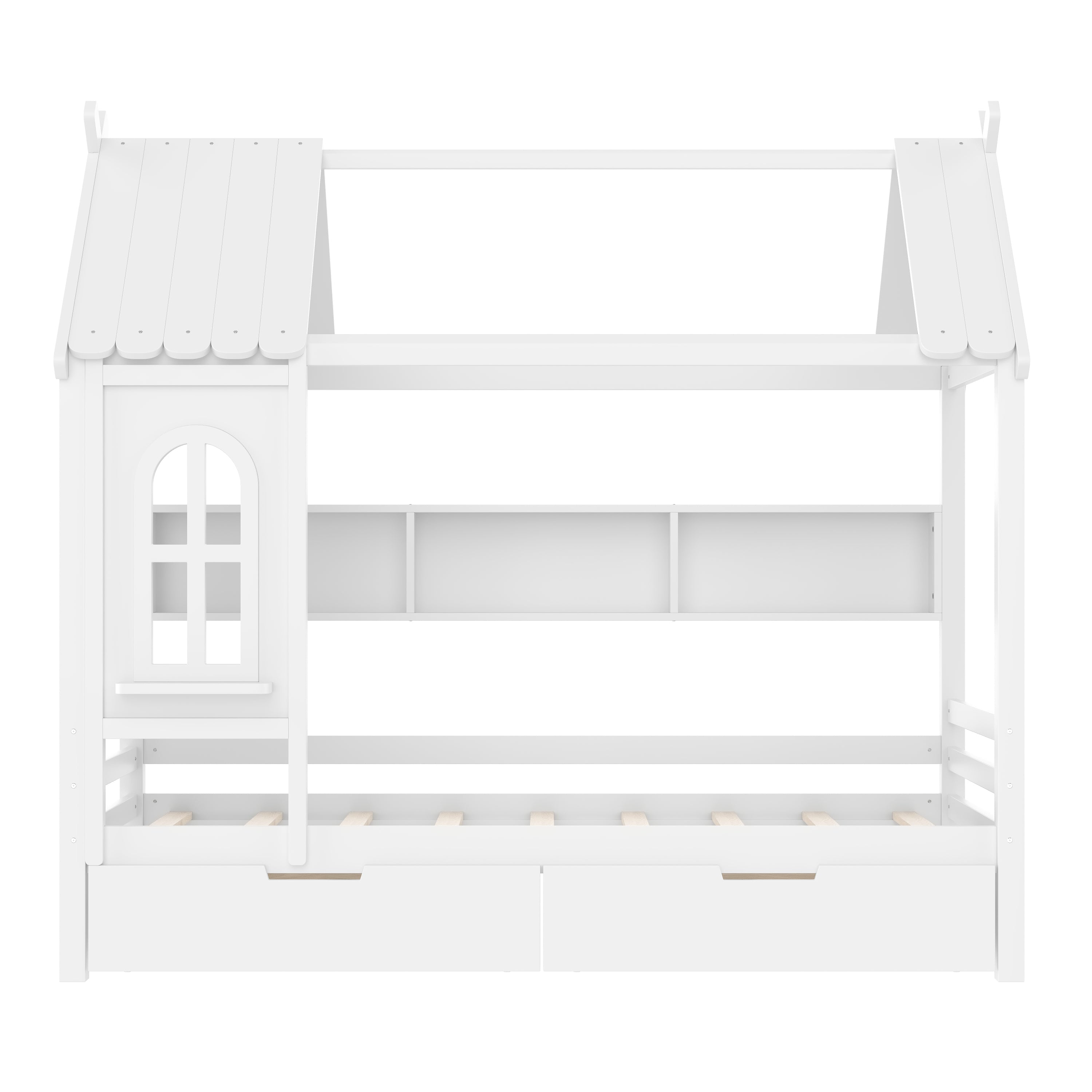 Twin house Beds with Storage Drawers and Window, Solid Wood House Platform Bed Frame with shelves, for Kids, Girls, Boys, No Spring Box Needed and Childlike Design, White