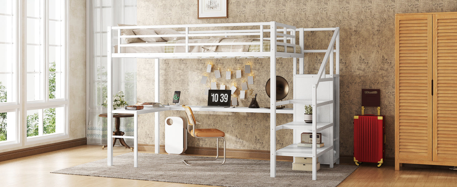 Full Size Loft Bed with L-shaped Desk and USB, Metal Loft Bed with Wardrobe and Adjustable Shelf, High Loft Bed with LED for Kids Teens Adults, White