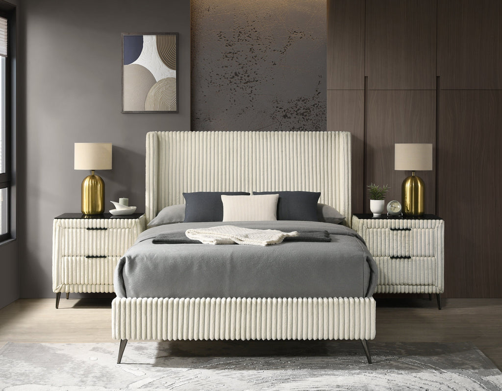 Mavela Wide Wale Corduroy Upholstery Panel Queen Bed with 2 Nightstands, Cream