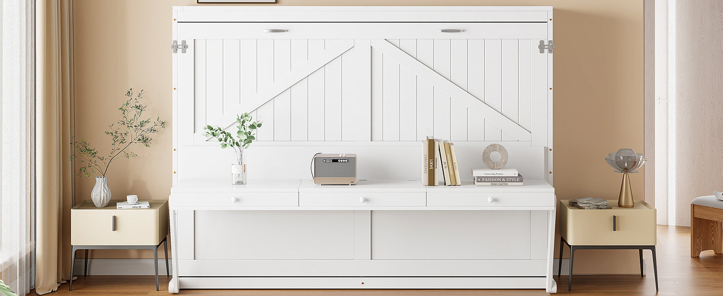 Queen Size Wall Murphy Bed with Storage, Foldable Cabinet Bed with Vanity Desk, Center Mirror & 2 Side Drawers, White