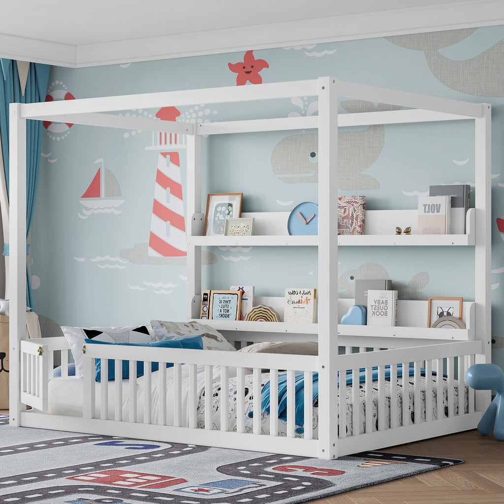 Full Size Canopy Bed with Guardrails, Solid Wood Floor Bed with Shelves, Montessori Floor Bed Frame for Kids, Boys, Girls, No Spring Box Needed, White