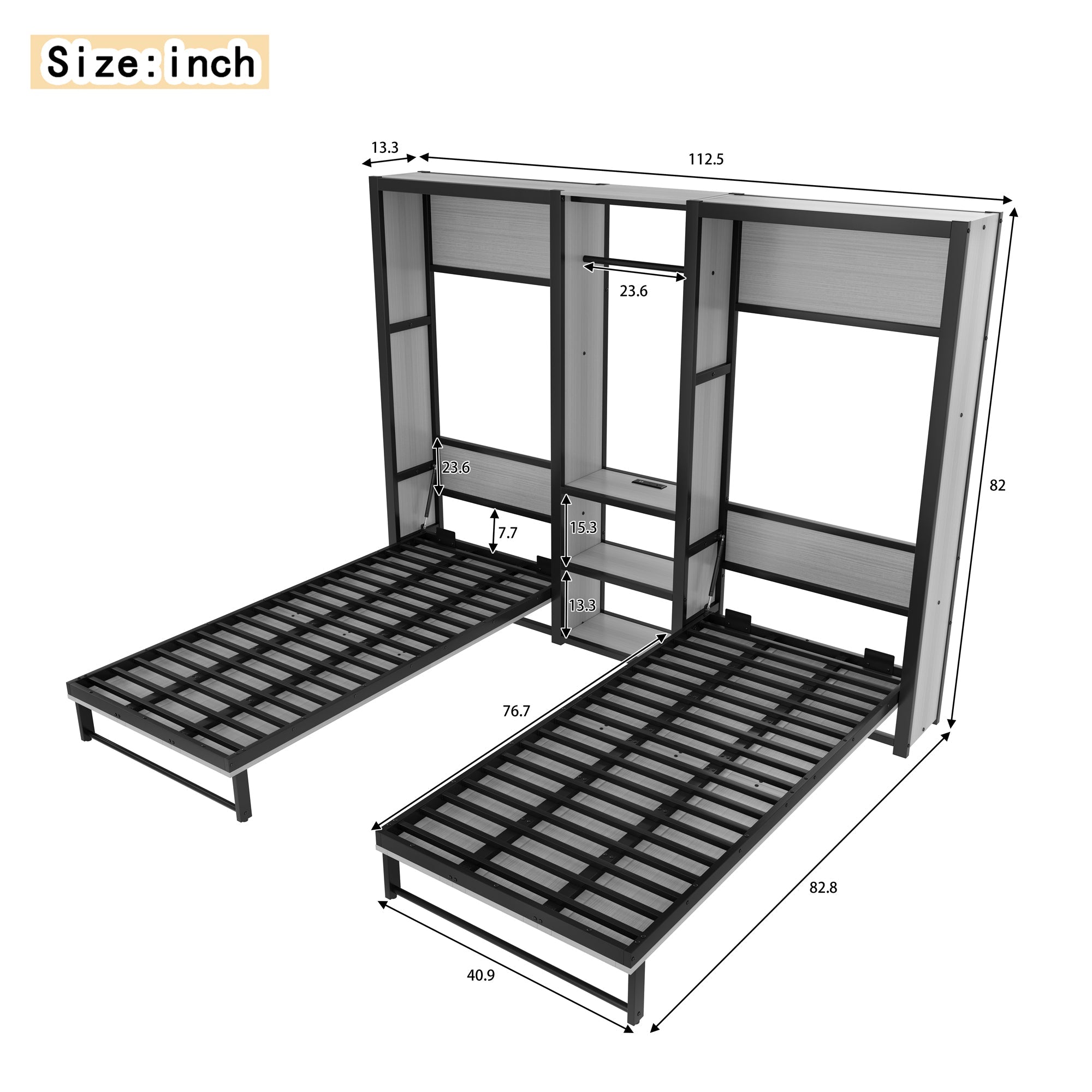 Twin and Twin Murphy Bed, Metal Foldable Murphy Bed with Wardrobe, Shelves and Power Outlets, 2 in 1 Design, Space-saving, Gray
