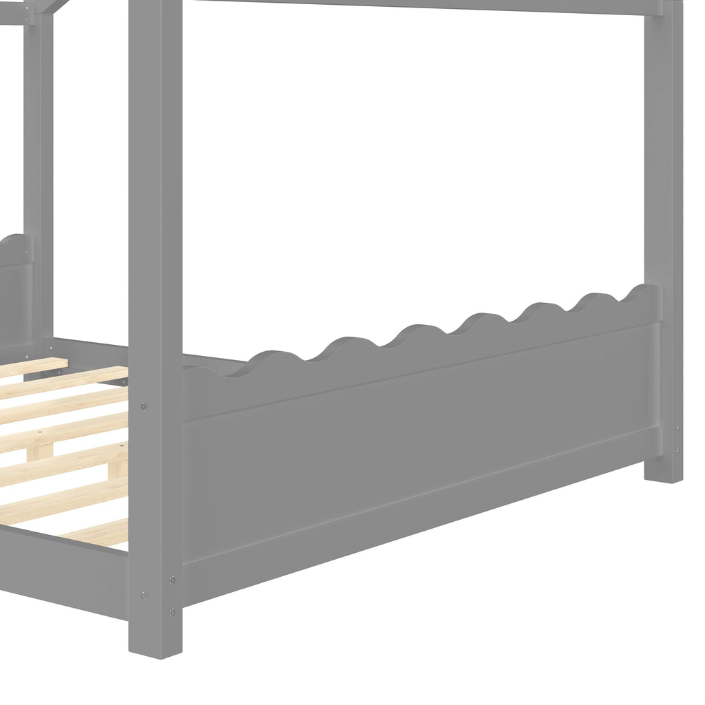 Queen House Floor Bed with Support Slats, Solid Wood House Bed Frame for Kids, No Box Spring Needed and Opening Constructure, Gray