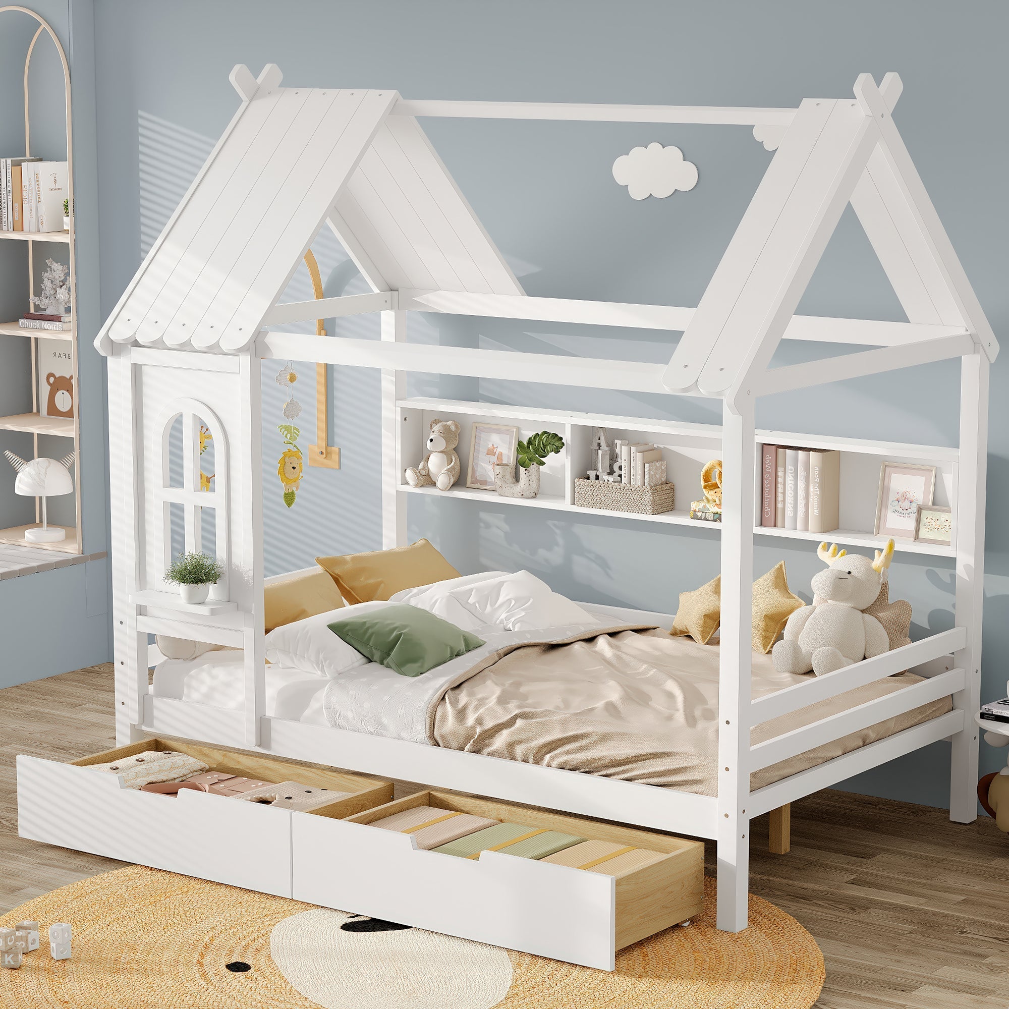 Full house Beds with Storage Drawers and Window, Solid Wood House Platform Bed Frame with shelves, for Kids, Girls, Boys, No Spring Box Needed and Childlike Design, White