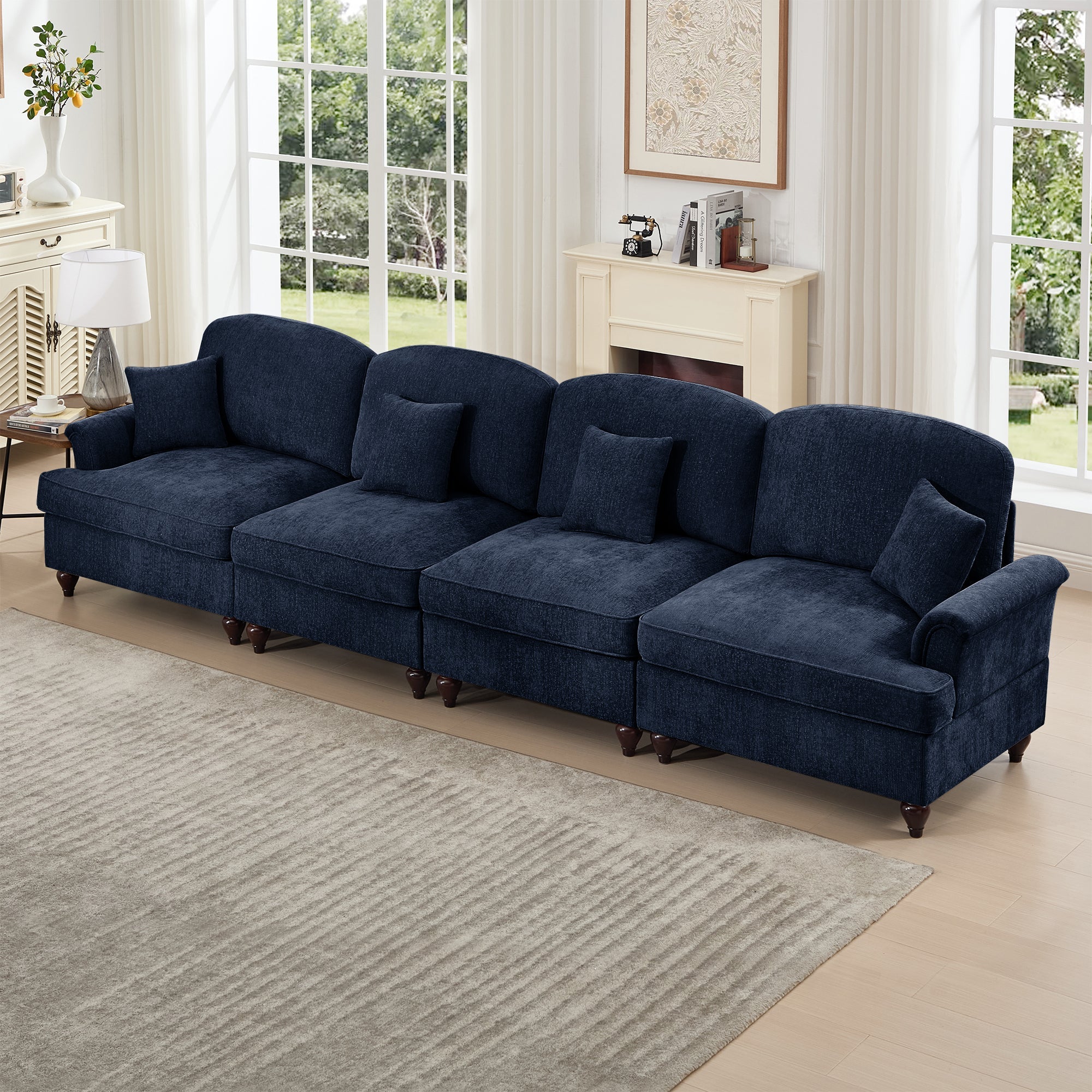 Elegant Mid Century Large 4 Seater Sofa Couch with Flared Arms and Removable Ruffles Pleats Skirts and Spindle Legs, Comfy Chenille Four-Seat Sofa for Living Room, Blue