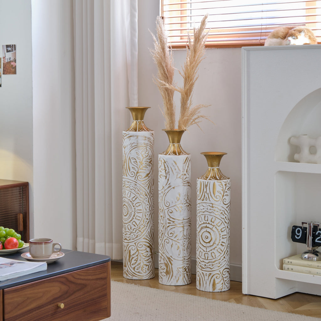 Floor Metal Vases Decorated White Metal Vases Set of 3 Gorgeous Home Decoration Large Glazed Metal Vases 24in/28.7in/33.5in Height