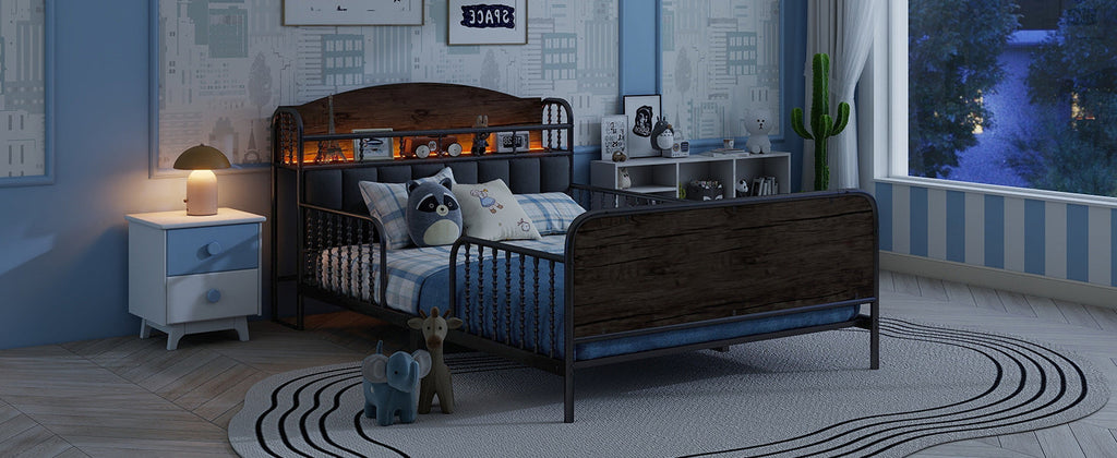 Full Size Metal Platform Bed Frame with Light, Kids Full Metal Bed with Upholstered and Storage Headboard, Black (Expect Arrival Date 2025/10/5)