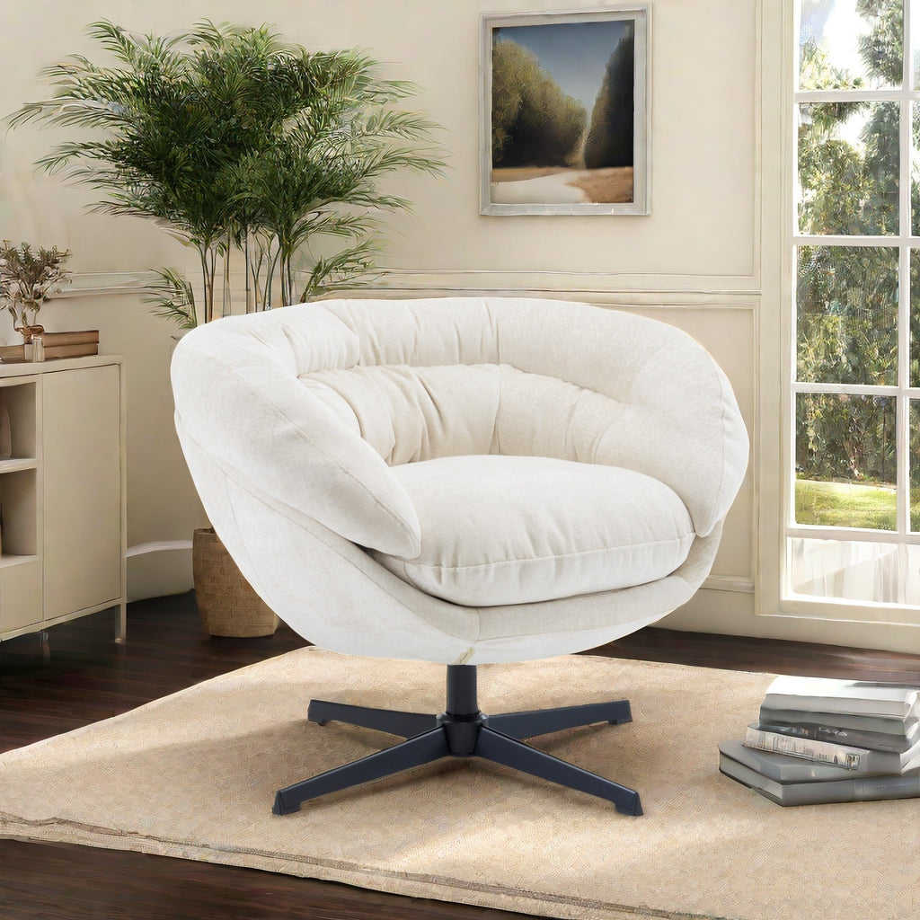 Modern Chenille Office Chair, 360° Swivel Club Chair/Accent Chair with Removable Cushion, Round Office Chair, Black Metal Base, Cotton Material, Living Room, Bedroom, Reading Corner, Office (Beige)