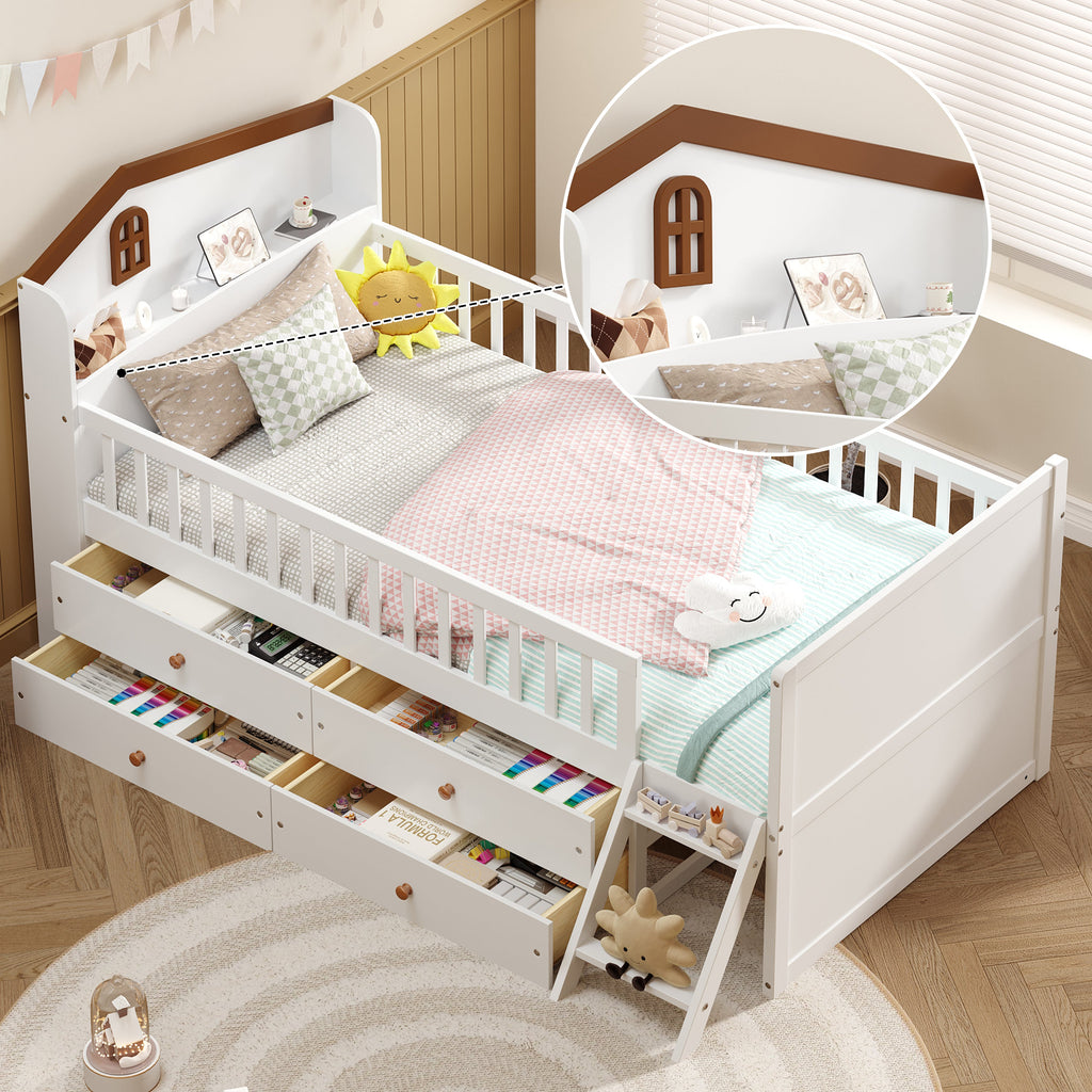 Twin Bed Frame with Storage 4 Drawers,Wooden Bed Frame for Kids,Platform Twin Size Bed with Guardrail Headboard and Ladder, No Box Spring Needed, Easy Assembly, White