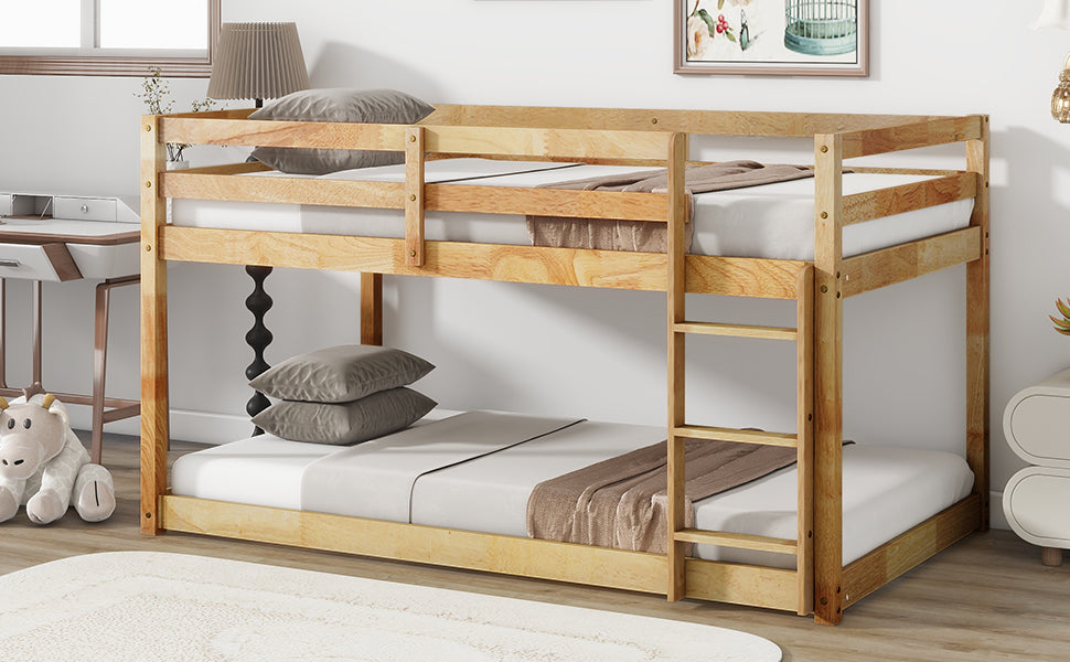 Solid Wooden, Solid Rubber Wooden Twin over Twin Floor Bunk Bed with Ladder, with Bed Platform of Strengthened Slats  , Natural