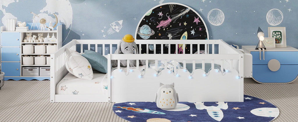 Full Montessori Floor Bed Frame with High Rails, Wood Kids Floor Beds with Light and Storage Shelf, White (Expect Arrival Date 2025/8/15)