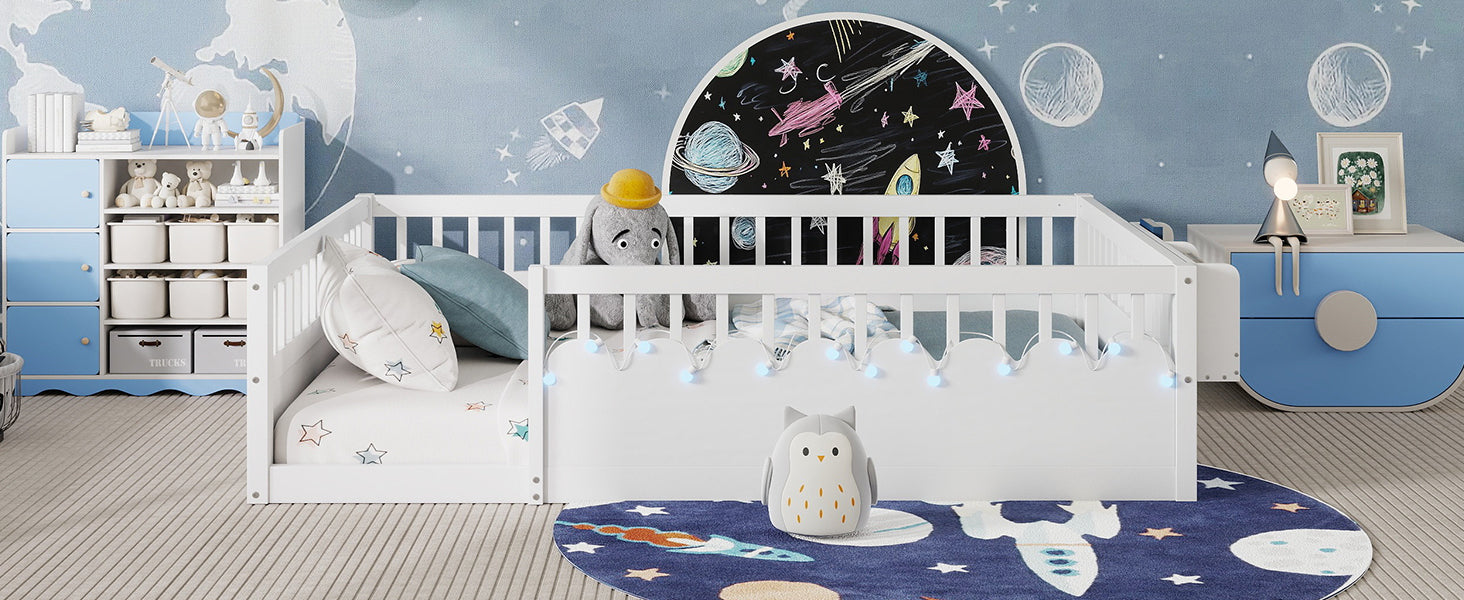 Full Montessori Floor Bed Frame with High Rails, Wood Kids Floor Beds with Light and Storage Shelf, White (Expect Arrival Date 2025/8/15)