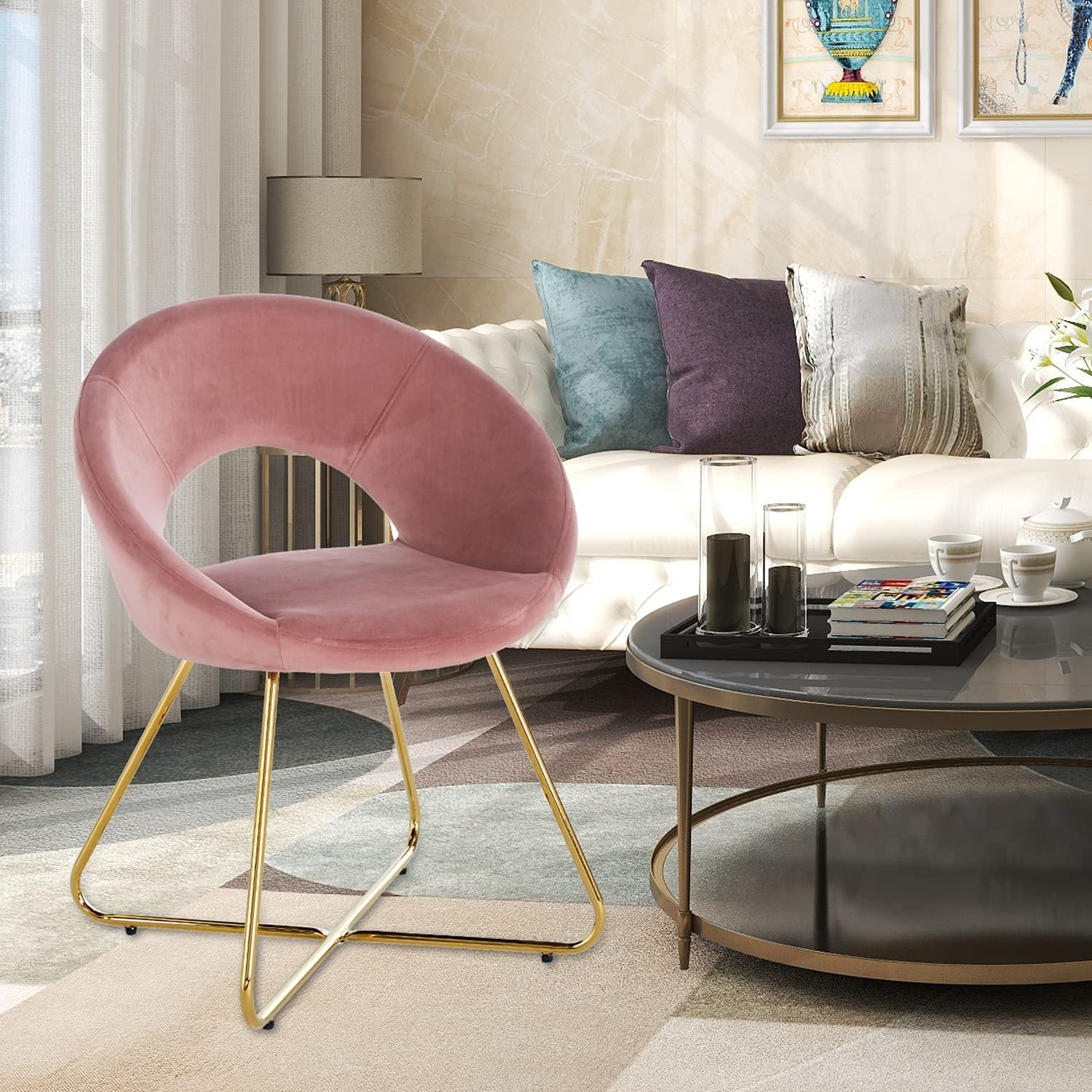 Modern Accent Velvet Chairs Set of 2 Dining Chairs Single Sofa Comfy Upholstered Arm Chair Living Room Furniture Mid-Century Leisure Lounge Chairs with Golden Metal Frame Legs