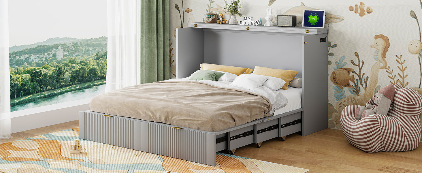 Queen Size Murphy  Bed with drawer and a set of Sockets & USB Ports, Pulley Structure Design, Gray