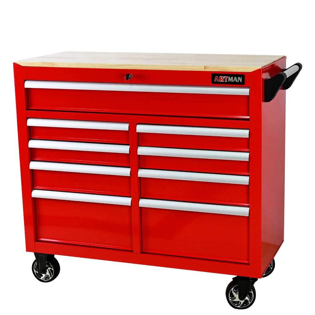 9-Drawer Multifunctional Steel Tool Cart with Wheels and Wooden Top, Red