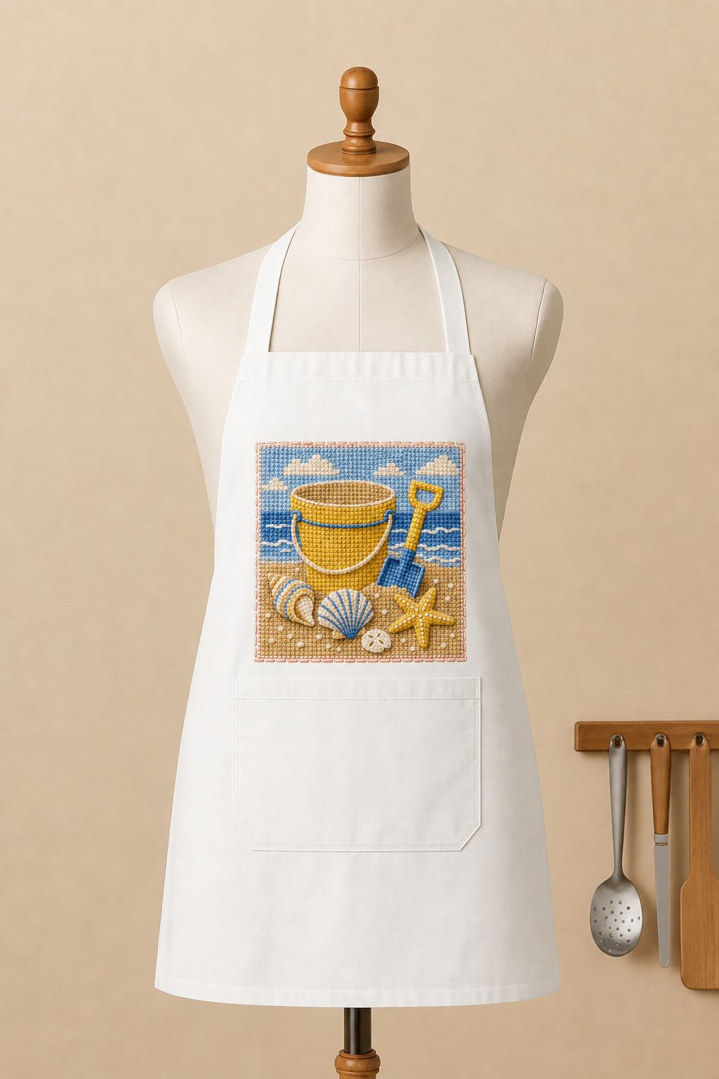 Beach Bucket PNG Digital Download – Embroidered Coastal Summer Clipart Design