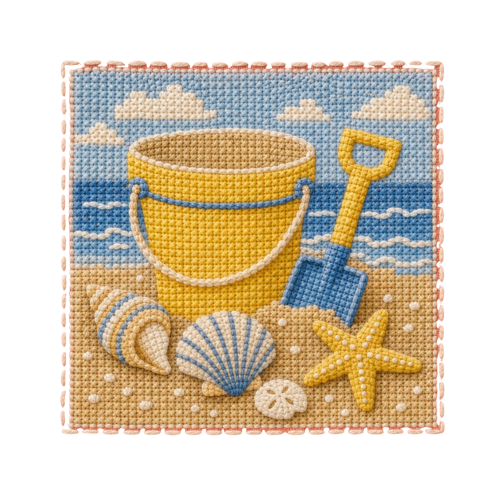 Beach Bucket PNG Digital Download – Embroidered Coastal Summer Clipart Design