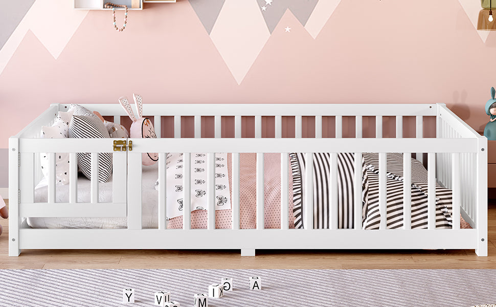 Full Size Bed Floor Bed with Safety Guardrails and Door for Kids, White(Old SKU: W1580P154625)