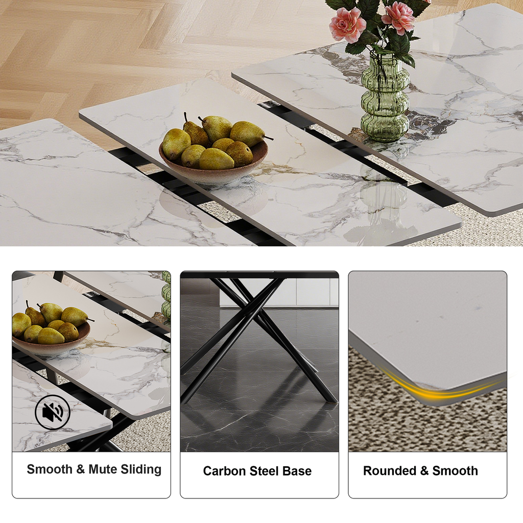 59-inch Modern rectangle Expandable Dining Table with Retractable Leaf, Sintered Stone Top & Black Carbon Steel X-Base, Sturdy 4-6 Person Table for Small Apartments, Kitchen, Dining Room