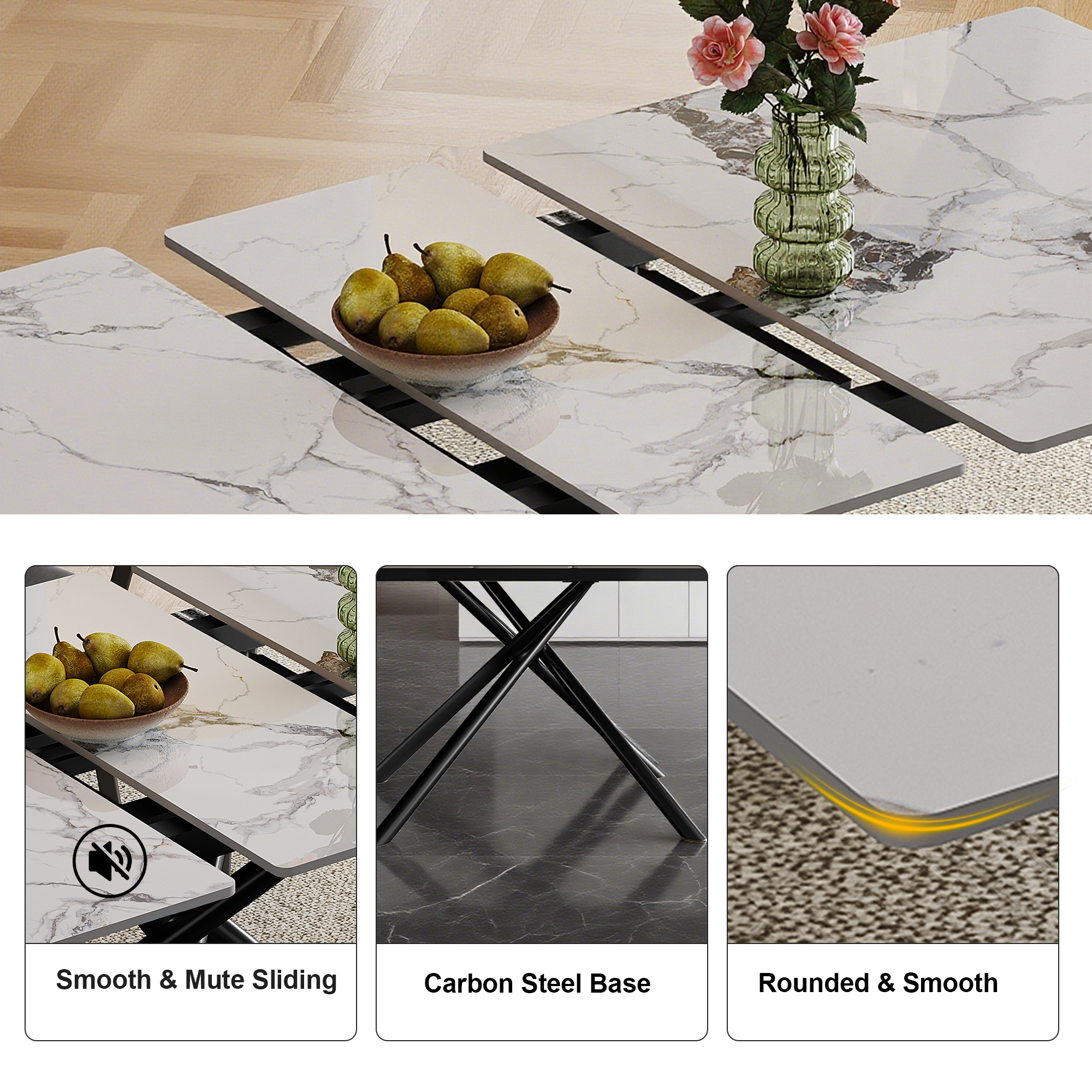 59-inch Modern rectangle Expandable Dining Table with Retractable Leaf, Sintered Stone Top & Black Carbon Steel X-Base, Sturdy 4-6 Person Table for Small Apartments, Kitchen, Dining Room