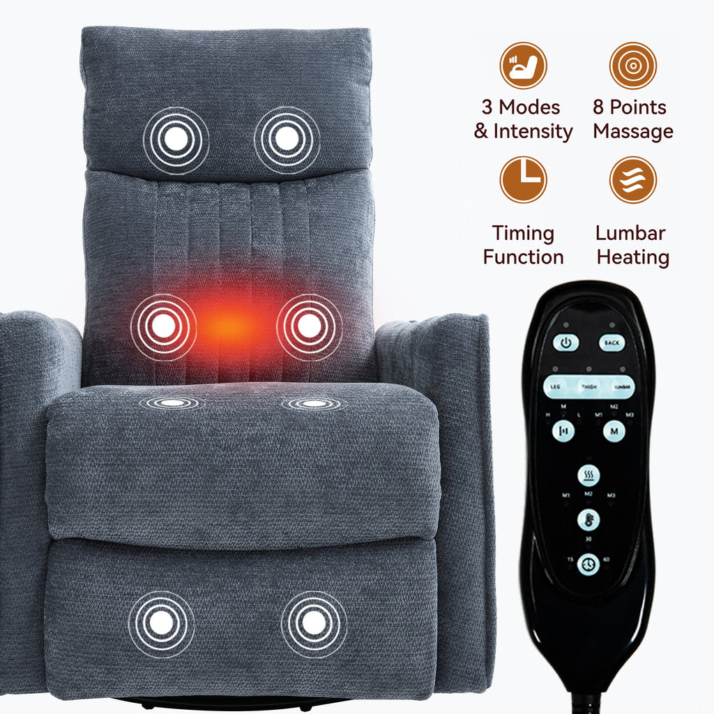 Blue Heat Massage Manual Recliner Chair with Rocker and Swivel in Fabric for Living Room