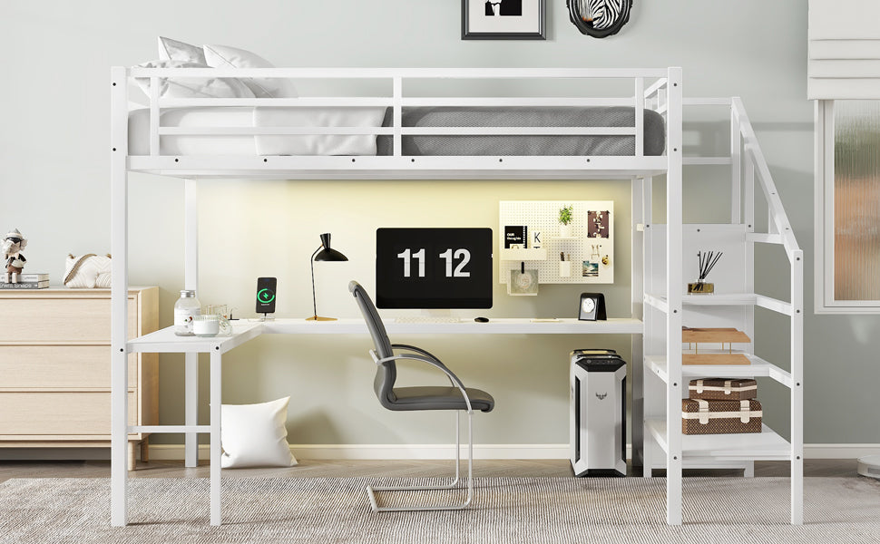 Queen Size Loft Bed with L-shaped Desk and USB, Metal Loft Bed with Wardrobe and Adjustable Shelf, High Loft Bed with LED for Kids Teens Adults, White