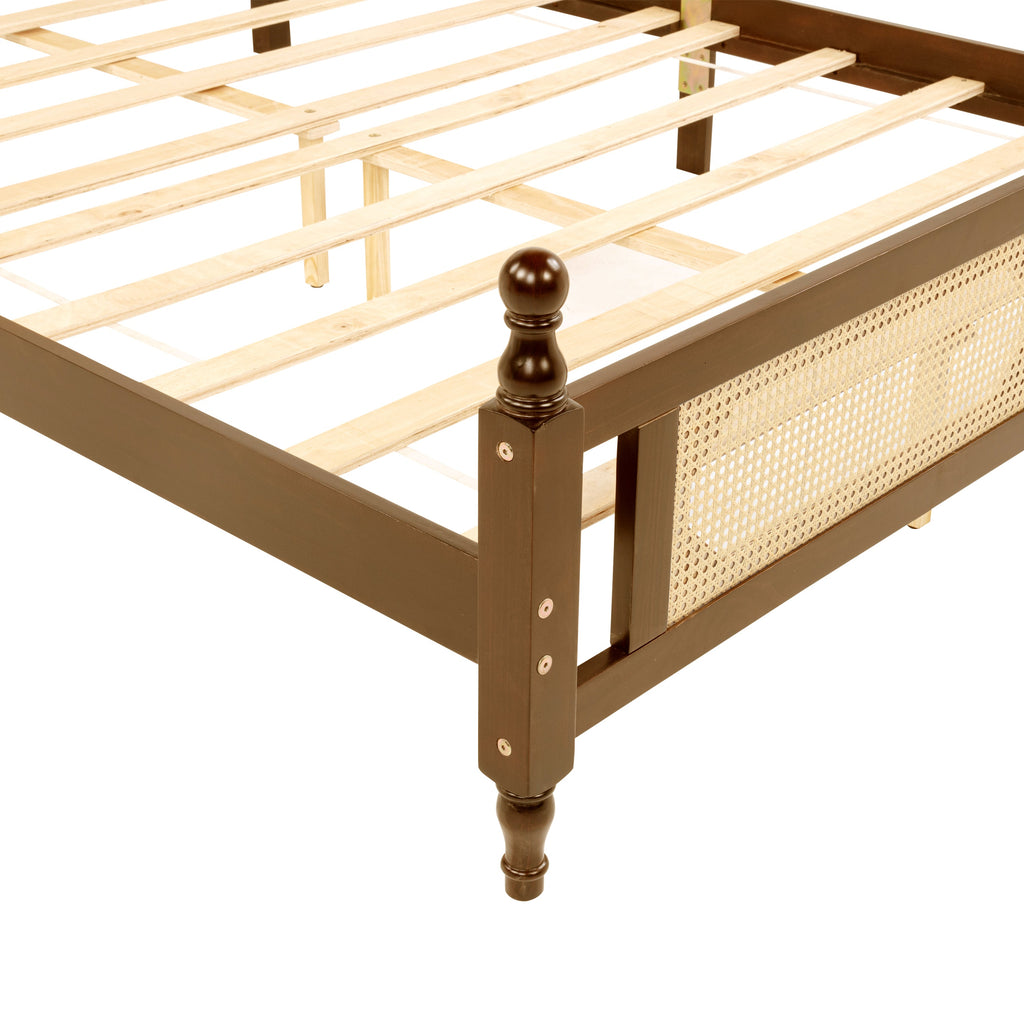 Queen Pine wooden Bed with Rattan Headboard  and Footboard, with  Central Enhanced Bed Platform,Walnut