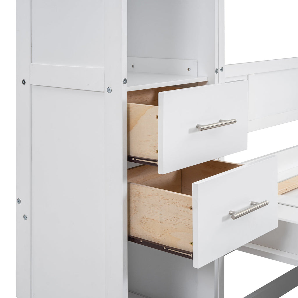 White Full Size Murphy Bed with Lockers and Wardrobes, MDF+Pine, 108.4''L x 15.7''W x 99''H