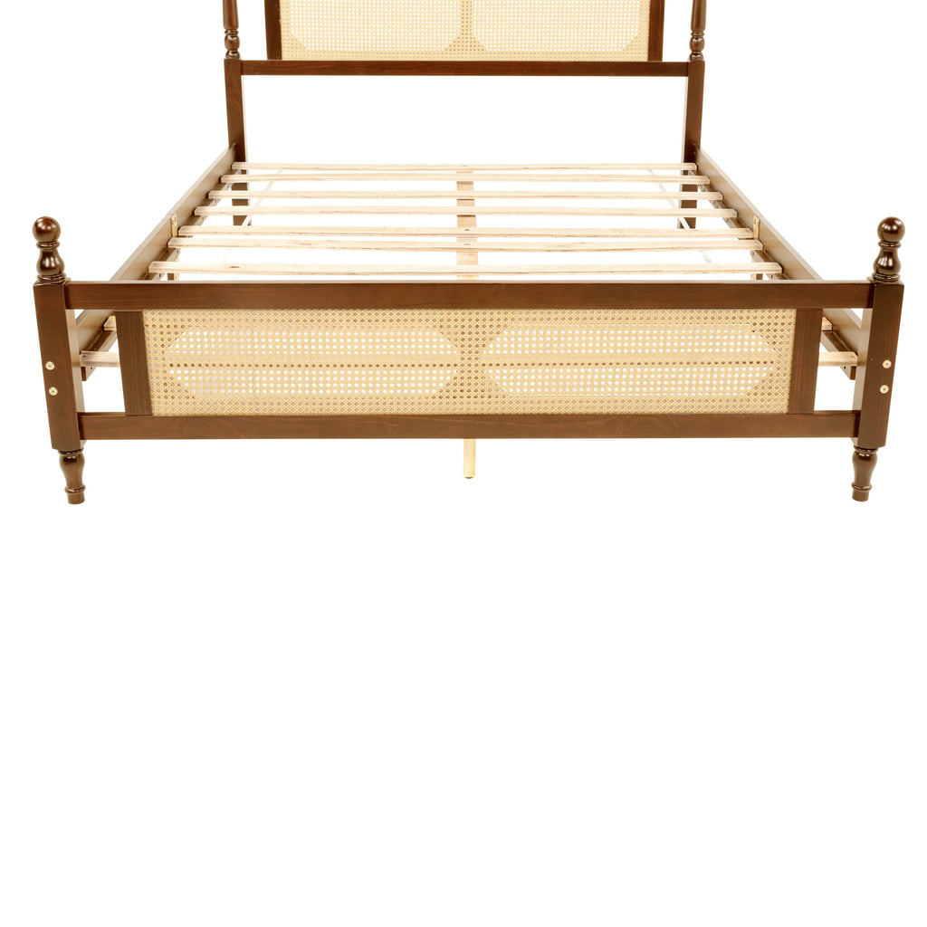 Queen Pine wooden Bed with Rattan Headboard  and Footboard, with  Central Enhanced Bed Platform,Walnut
