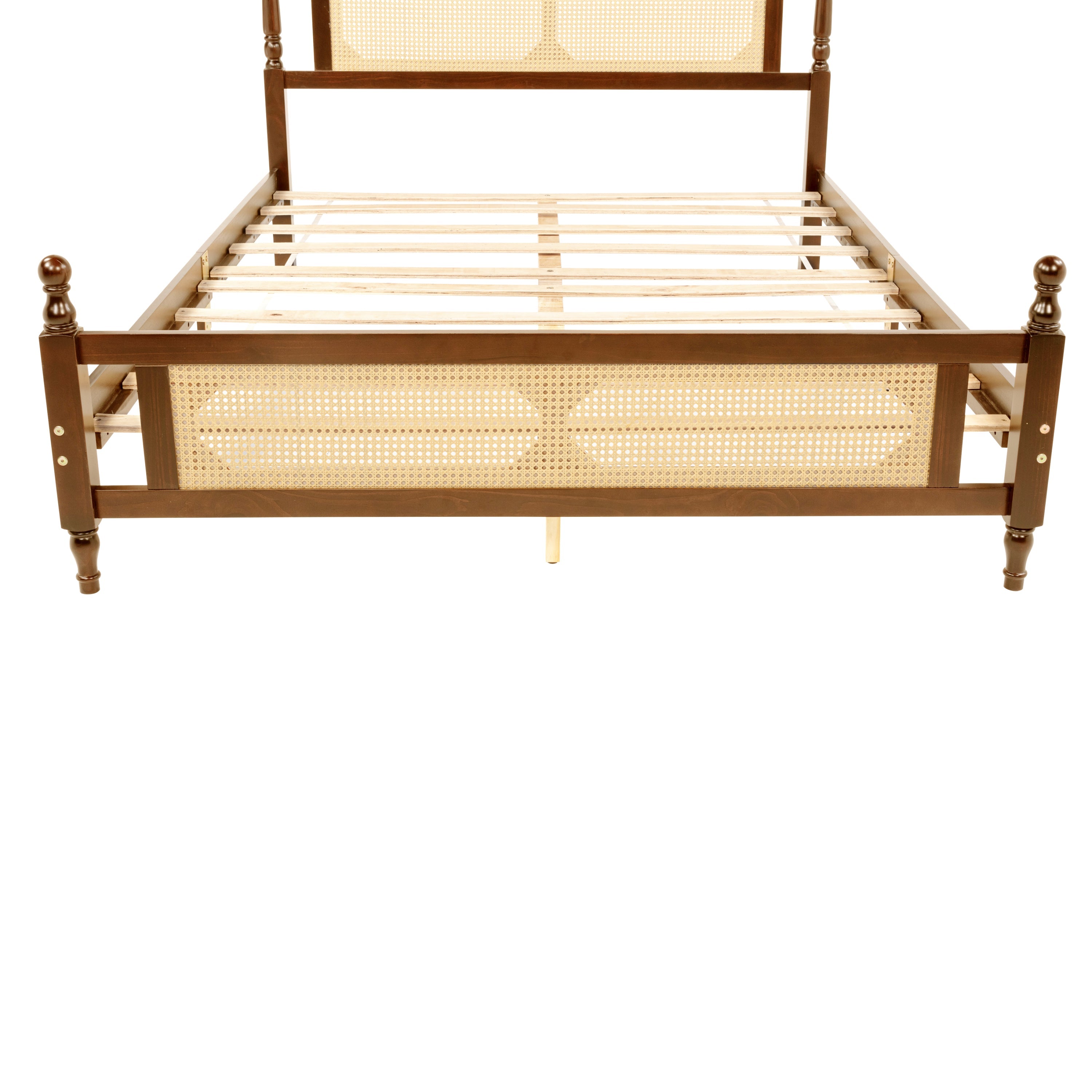 Queen Pine wooden Bed with Rattan Headboard  and Footboard, with  Central Enhanced Bed Platform,Walnut