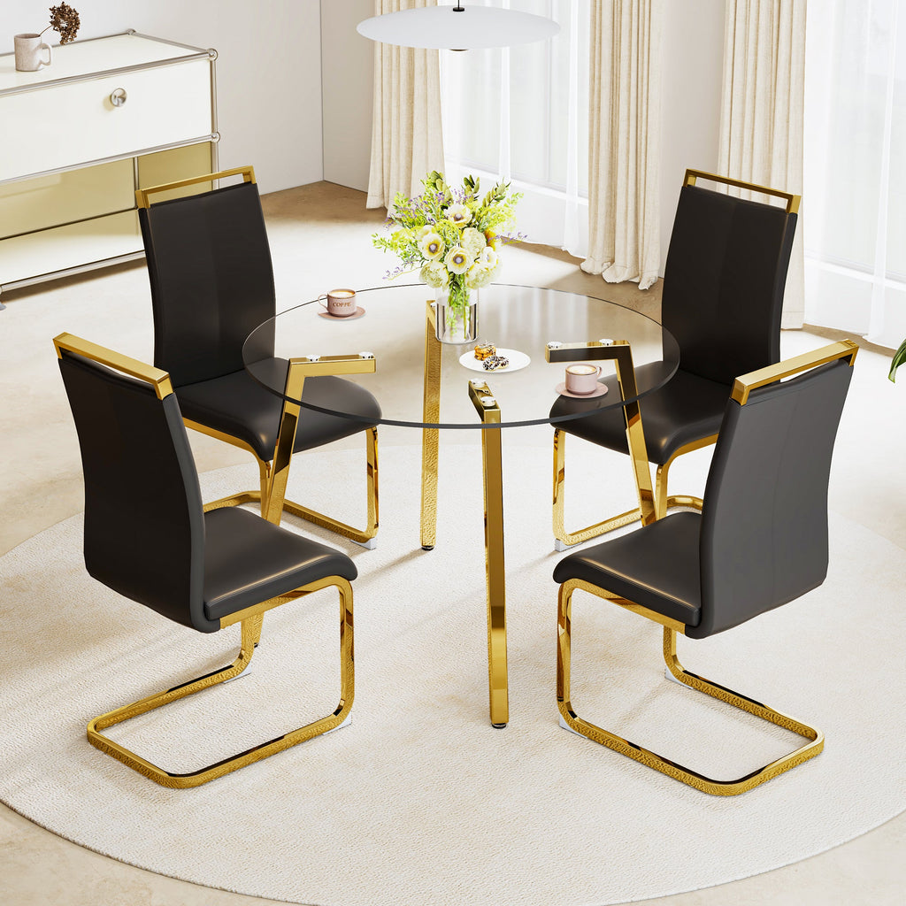 Modern minimalist style circular transparent tempered glass table, tempered glass tabletop, golden metal legs, suitable for kitchen, dining room, and living room, 42 '* 42' * 29.5 '1123r
