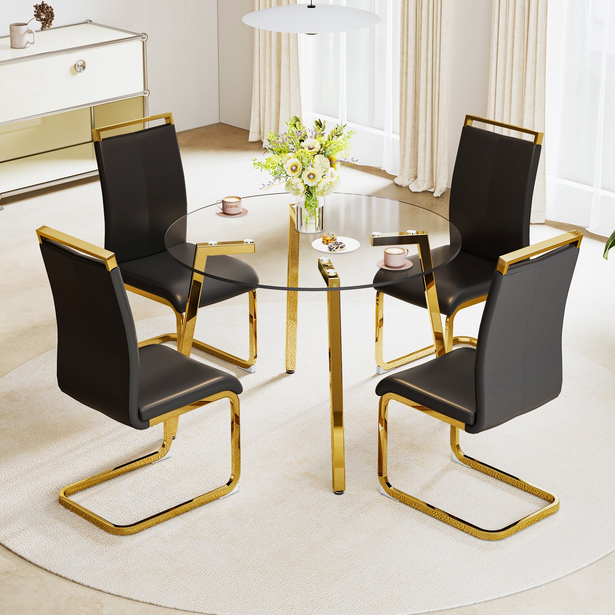 Modern minimalist style circular transparent tempered glass table, tempered glass tabletop, golden metal legs, suitable for kitchen, dining room, and living room, 42 '* 42' * 29.5 '1123r