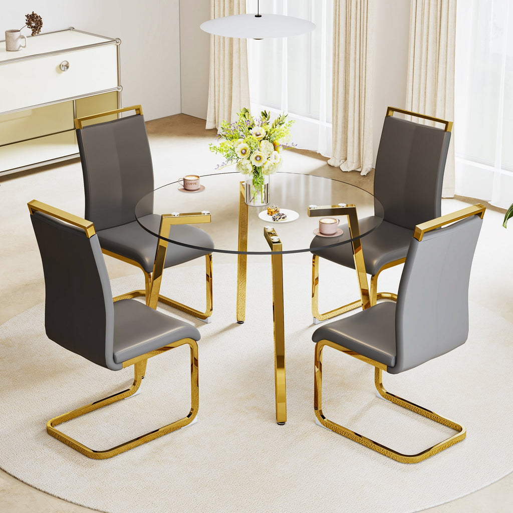 Modern minimalist style circular transparent tempered glass table, tempered glass tabletop, golden metal legs, suitable for kitchen, dining room, and living room, 42 '* 42' * 29.5 '1123r