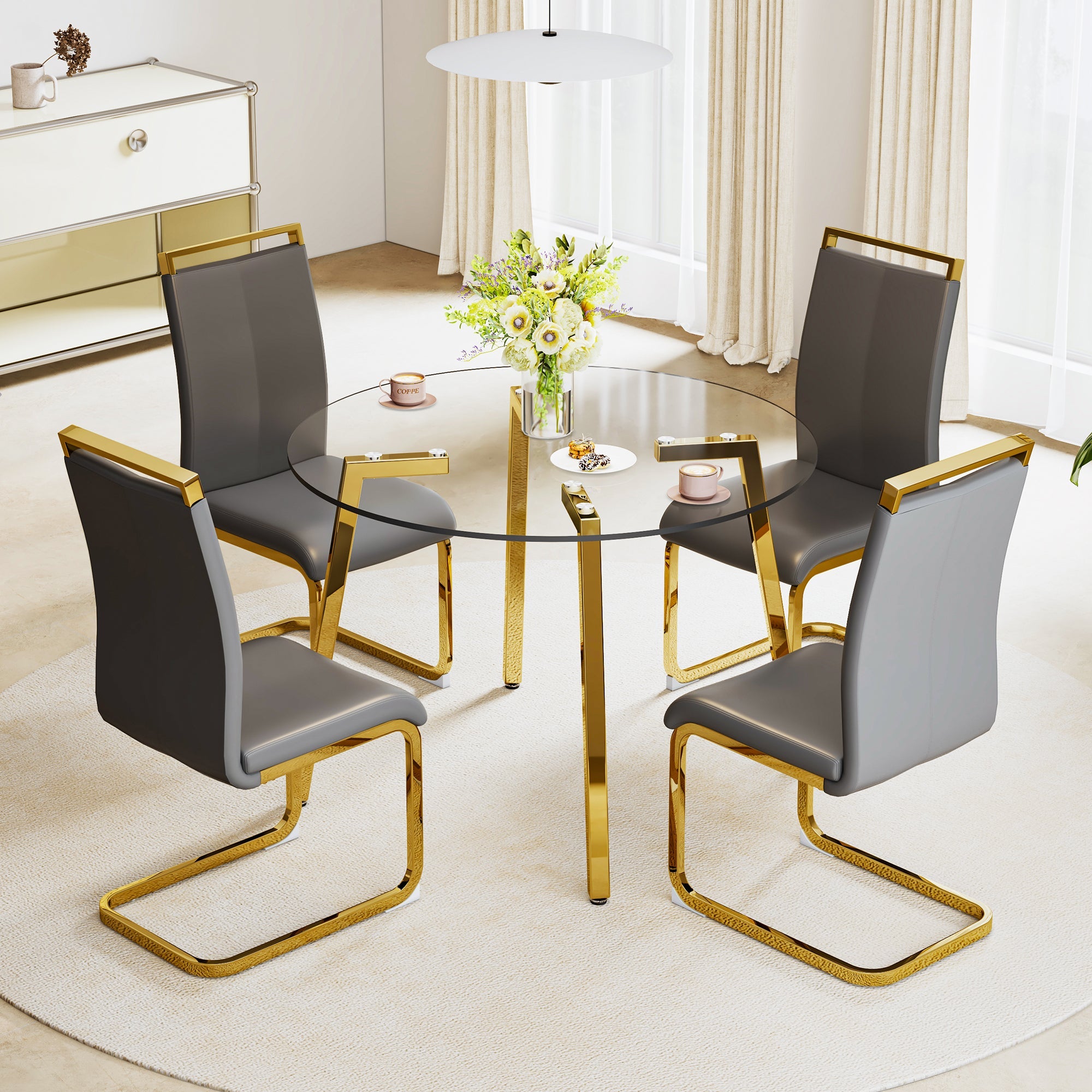 Modern minimalist style circular transparent tempered glass table, tempered glass tabletop, golden metal legs, suitable for kitchen, dining room, and living room, 42 '* 42' * 29.5 '1123r