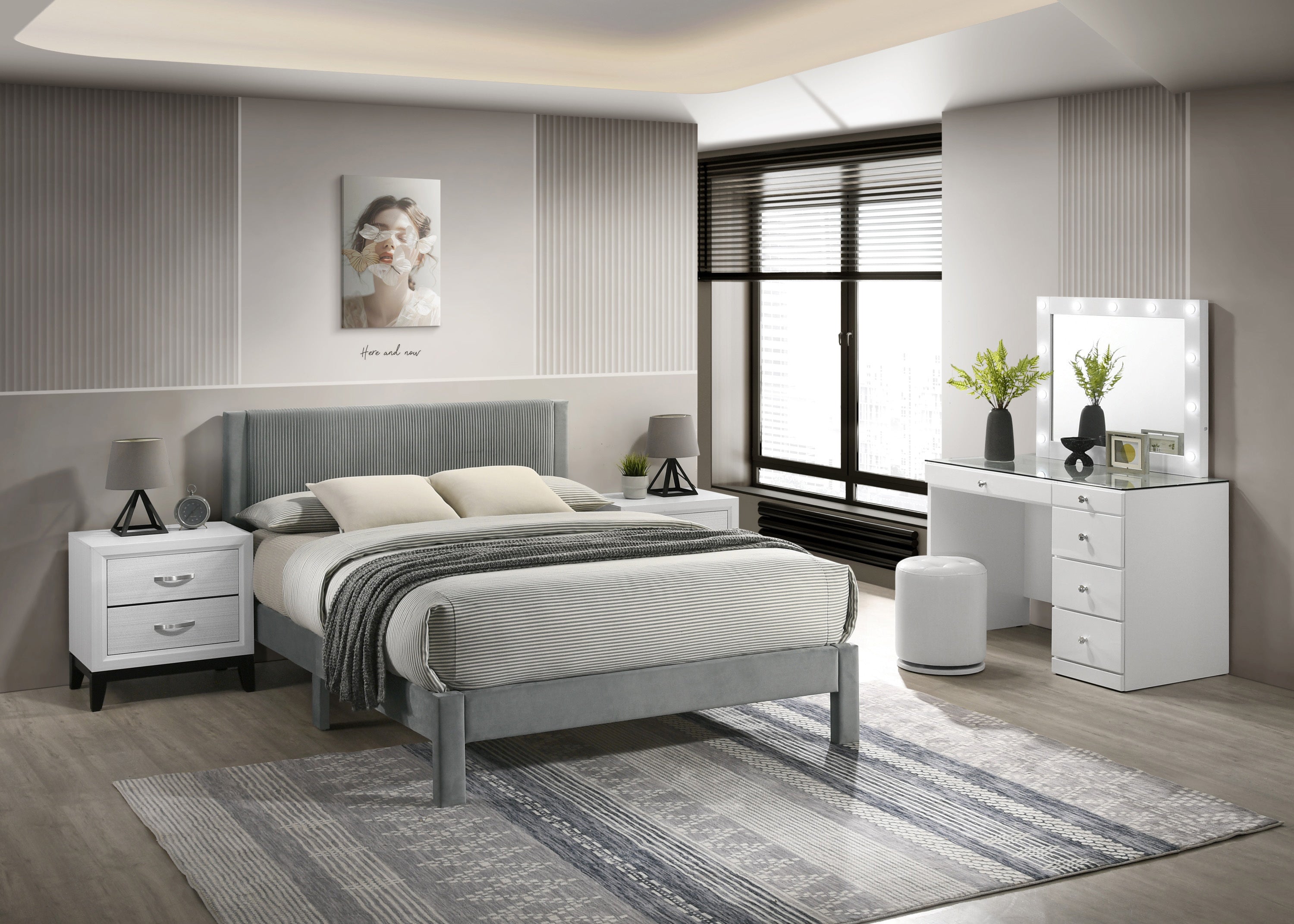 1pc Contemporary Plush Upholstered Headboard Ribbed Texture Low-profile Frame Unobtrusive Legs Youth Kids Twin Platform Bed Light Gray Bedroom Furniture