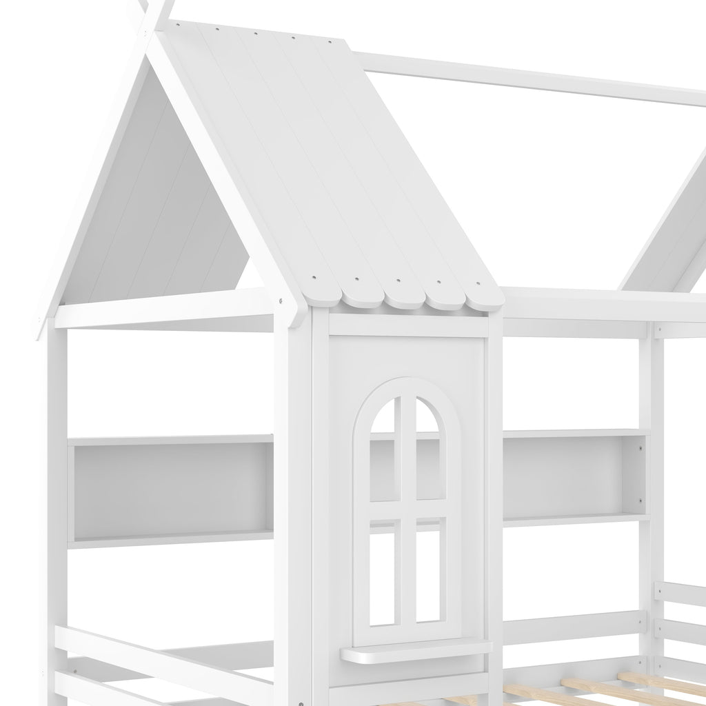 Full house Beds with Storage Drawers and Window, Solid Wood House Platform Bed Frame with shelves, for Kids, Girls, Boys, No Spring Box Needed and Childlike Design, White